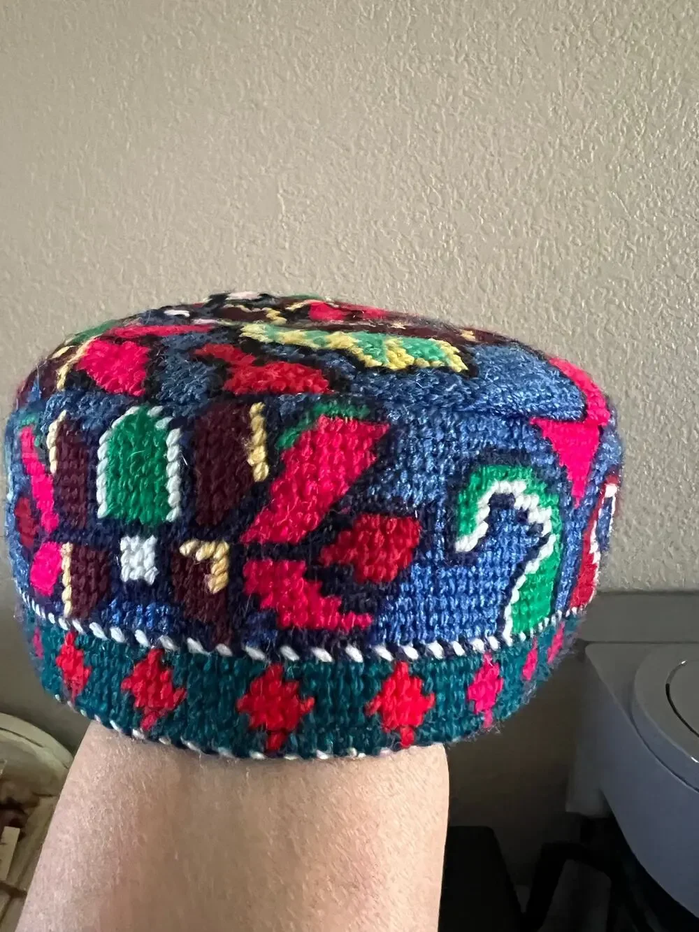 Vintage Needlpoint Multicolor Bukharian Jewish Kippah (Yarmulke)
